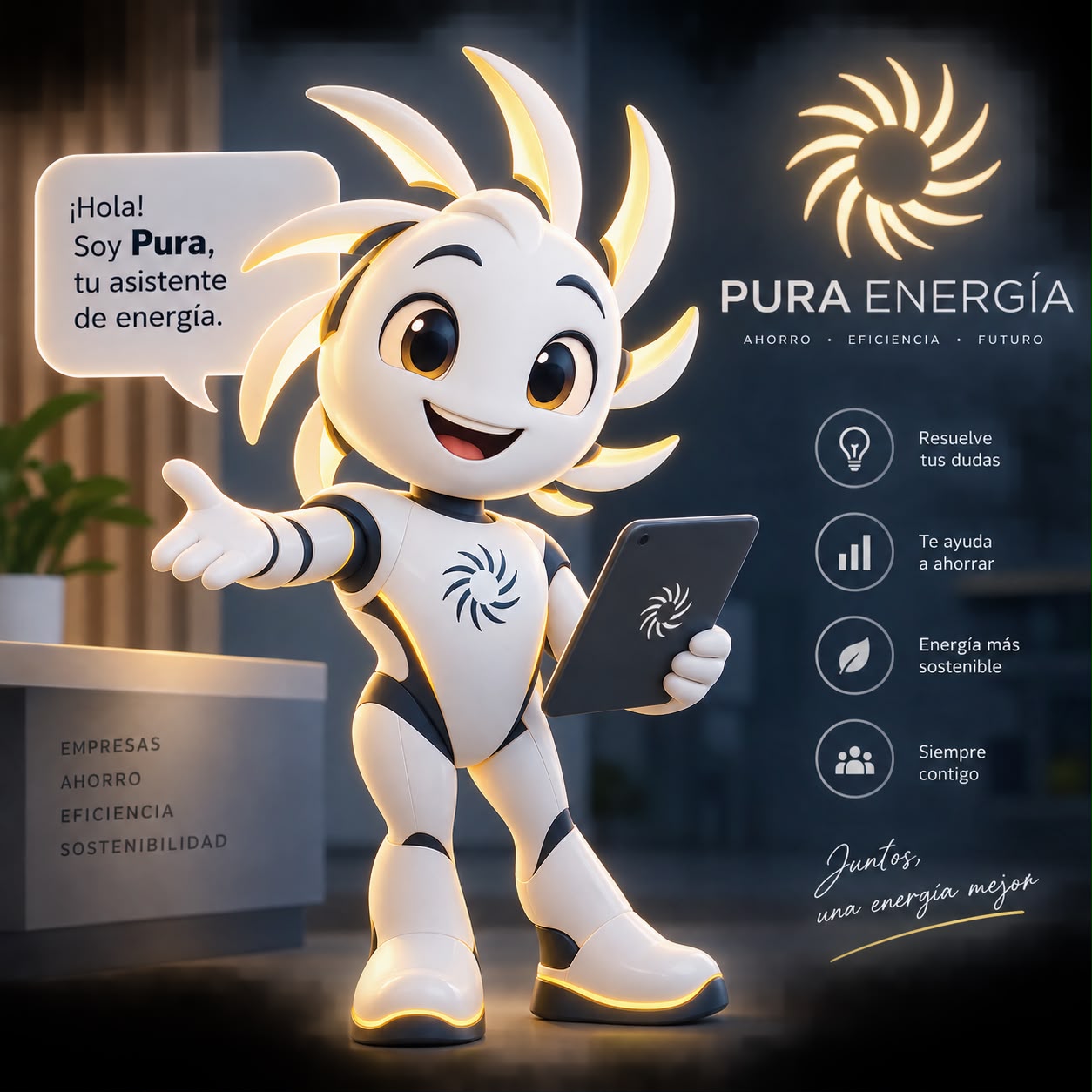 Pura, tu asistente energética, junto al emblema dorado de Pura Energía